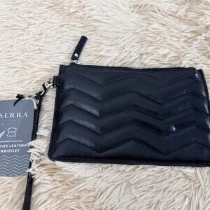 Serra Chevron Quilted Black Leather Wristlet Zip Clutch NWT